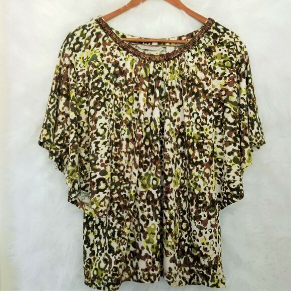 Laura Ashley, Printed Top Blouse with Beads, Bat Sleeves - Size M - Picture 1 of 4